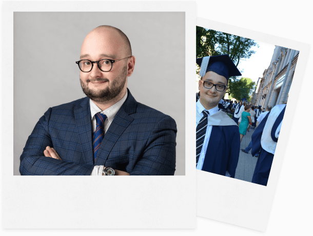 Two polaroids: a studio portrait in a checked suit and glasses, and a university graduation in cap and gown.