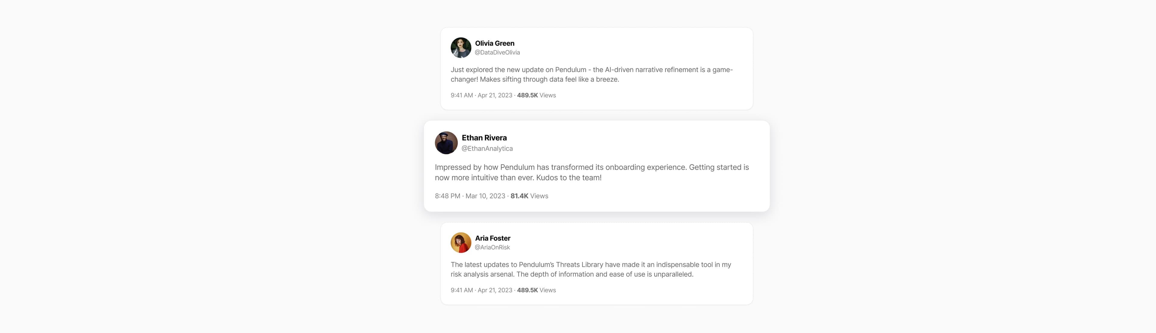 Three posts about Pendulum, each with the writer's avatar and handle, what they said, and when it was posted.